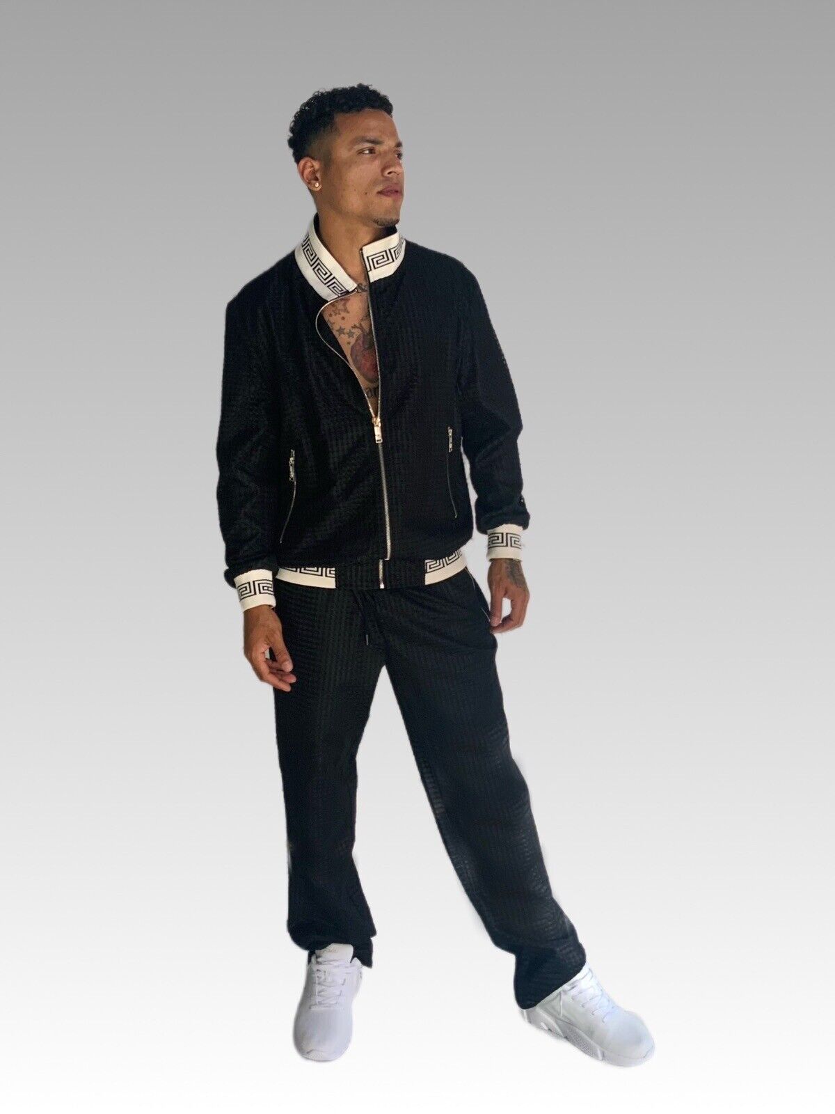 Men's Black | White Mesh Casual Tracksuit