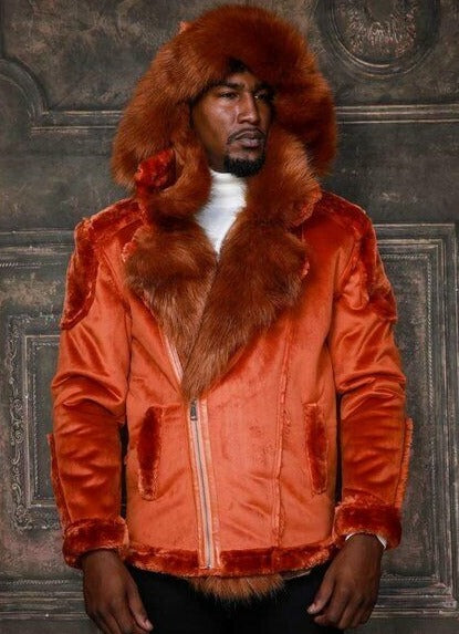 Men's Fashion Copper Faux Fur Coat