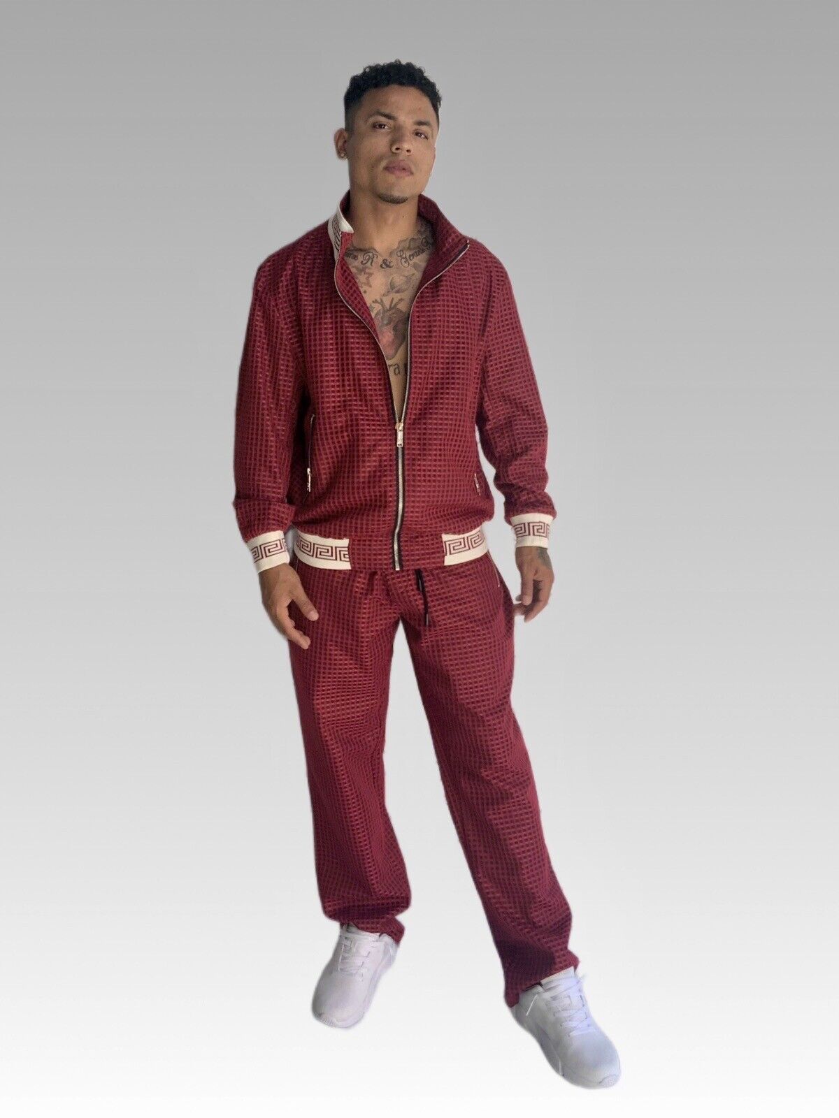 Men's Burgundy | White Mesh Casual Tracksuit