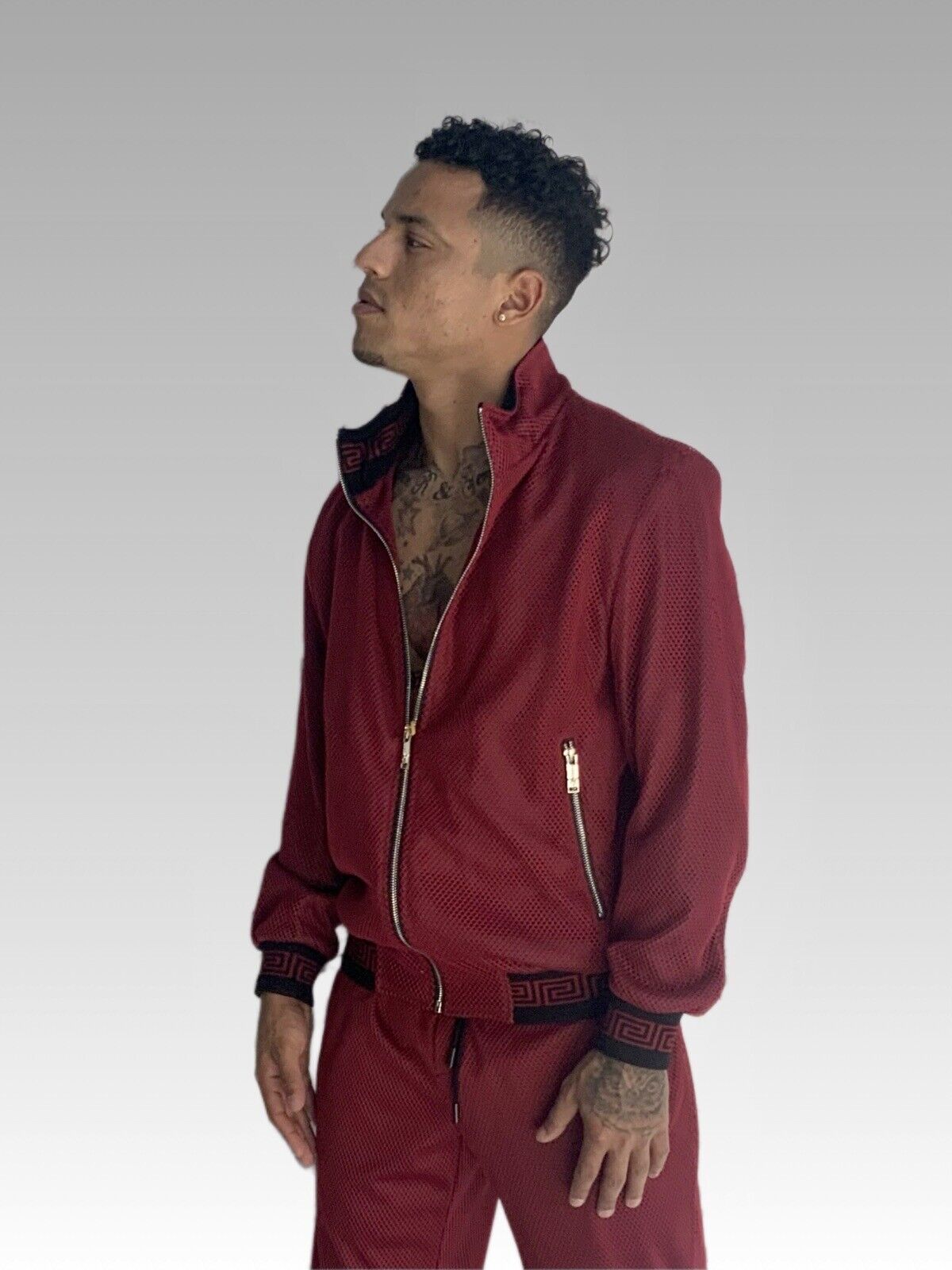 Men's Burgundy | Black Mesh Casual Tracksuit