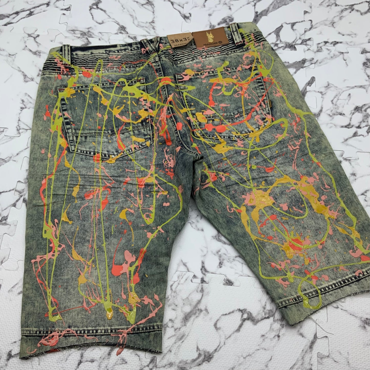 Men's Makobi Indigo | Vintage | Multicolor Hand-Painted Denim Shorts NWT