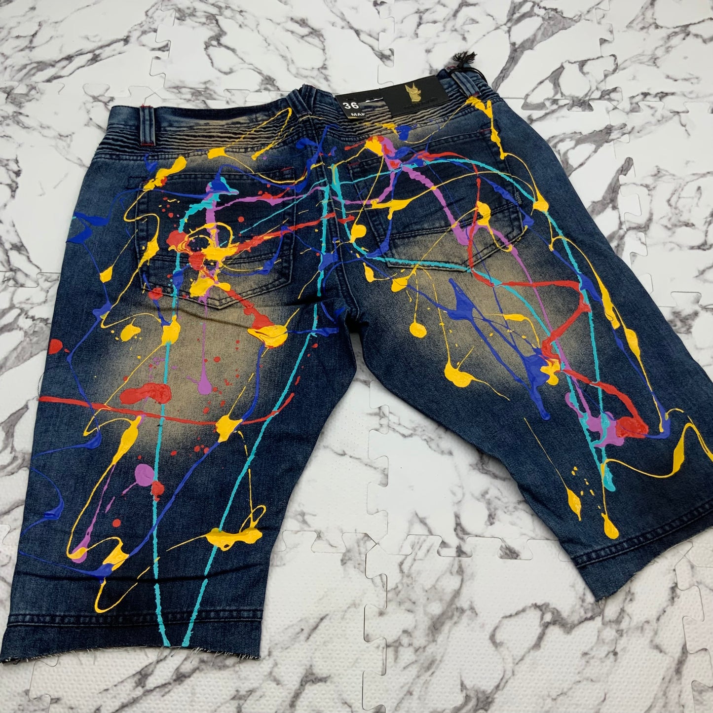 Men's Makobi Dk Blue Multicolor Hand Painted Denim Shorts NWT