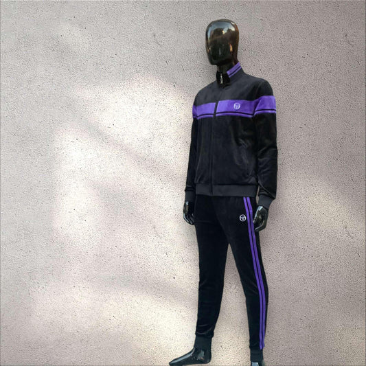 Men’s Sergio Tacchini Black | Purple Velour Full Zip Casual Tracksuit NWT