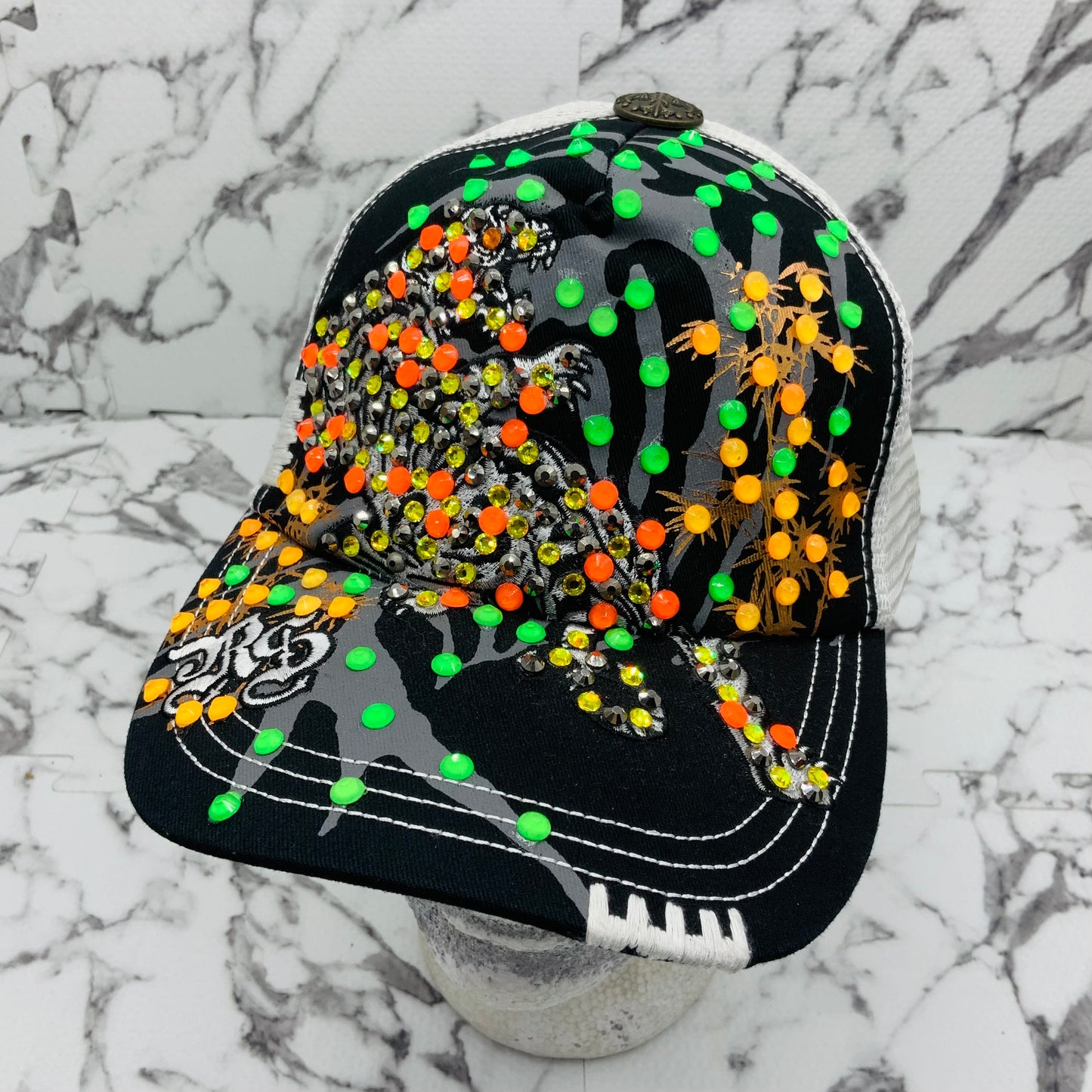 Rebel Spirit Lion King Black | White | Lime Green | Orange Rhinestone Trucker Hat NWT