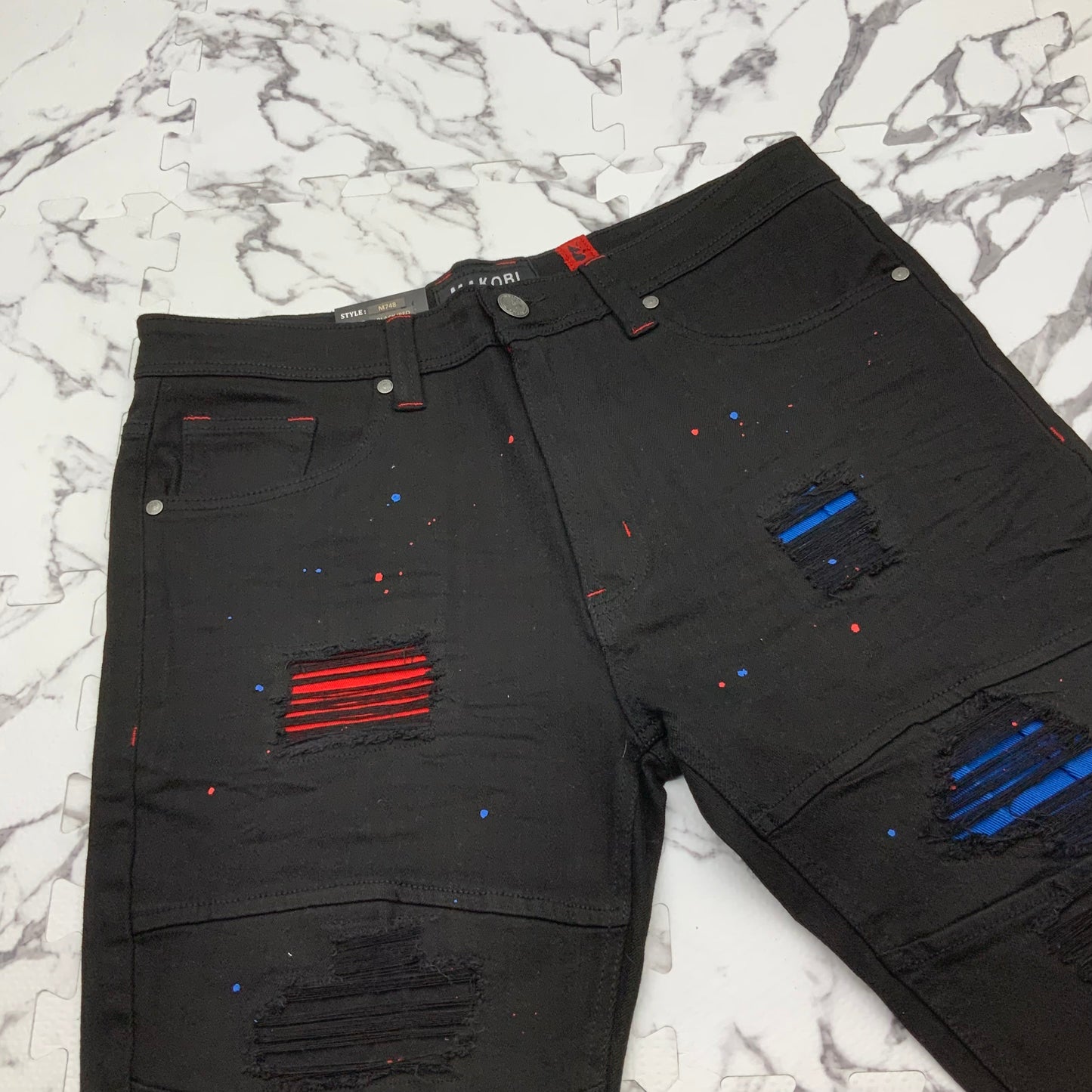 Men's Makobi Black | Red | Blue Ripped Denim Shorts NWT