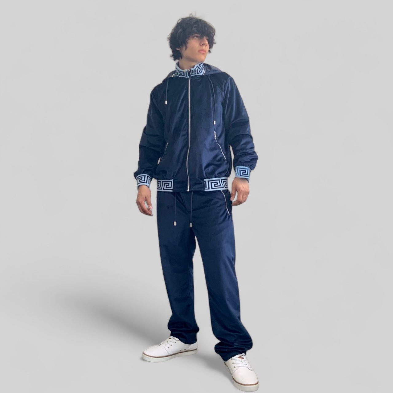 Men's Manzini Navy | Sky Blue Hooded Velvet Casual Tracksuit Outfits Sets NWT