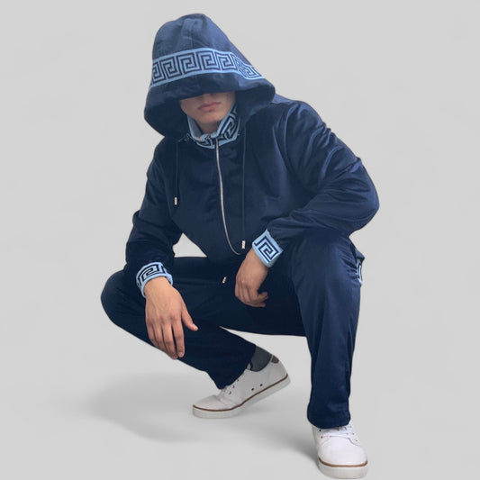 Men's Manzini Navy | Sky Blue Hooded Velvet Casual Tracksuit Outfits Sets NWT