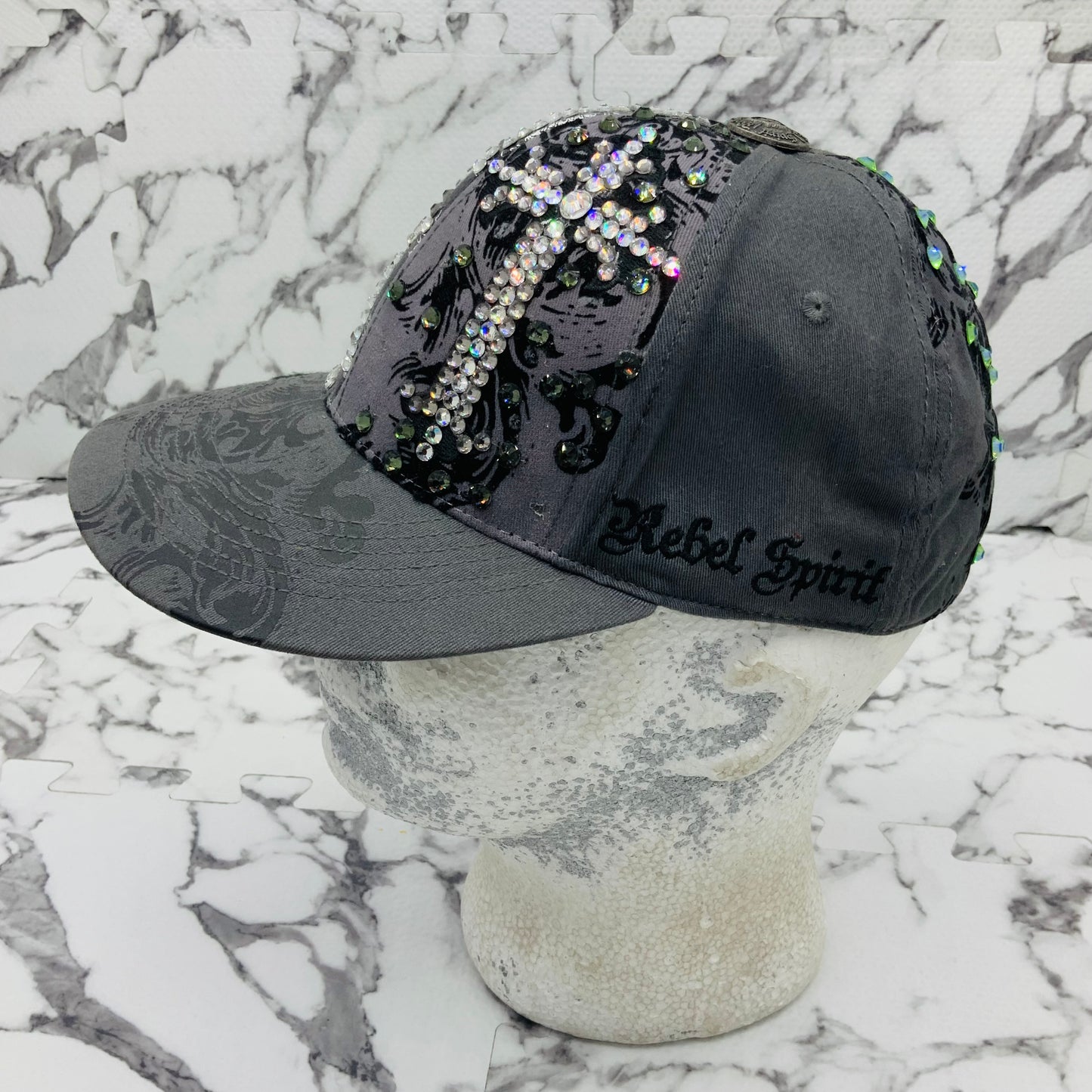 Rebel Spirit Grey | Silver | Black Rhinestones Crosses Flex Fit Hat NWT