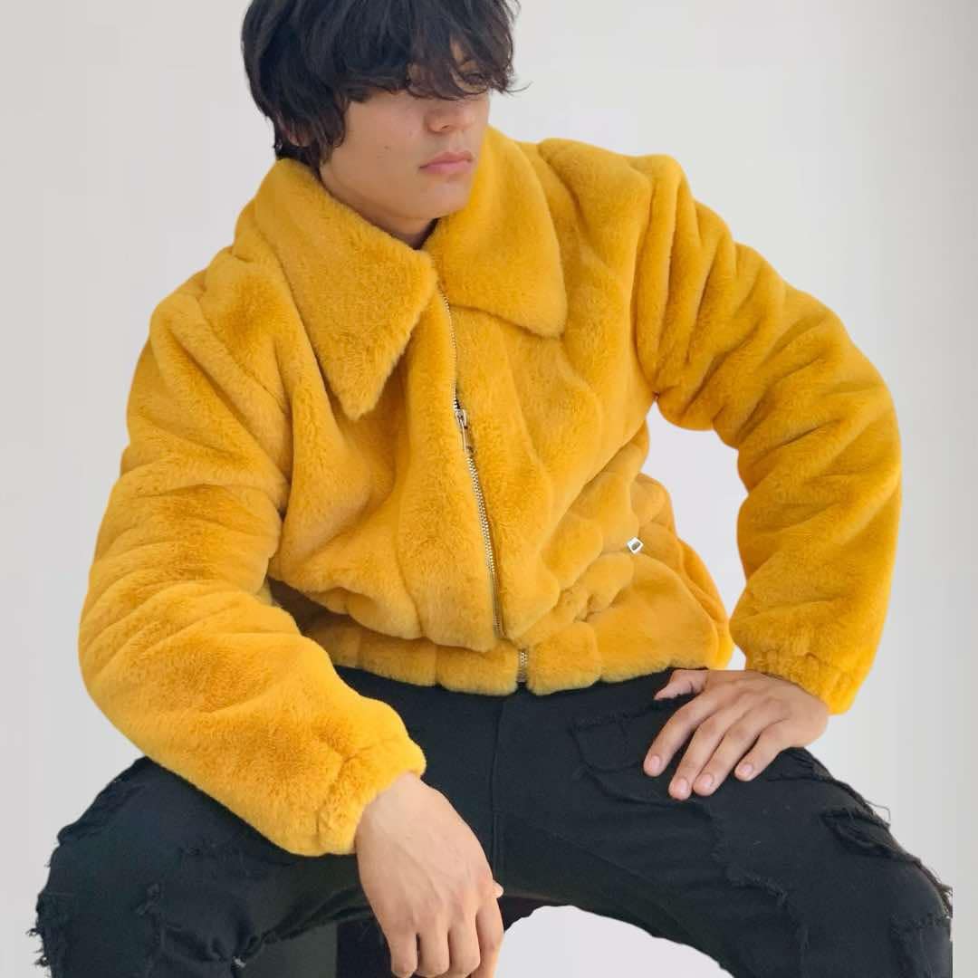 Men's Fashion Mustard Faux Fur Fuzzy Coat NWT