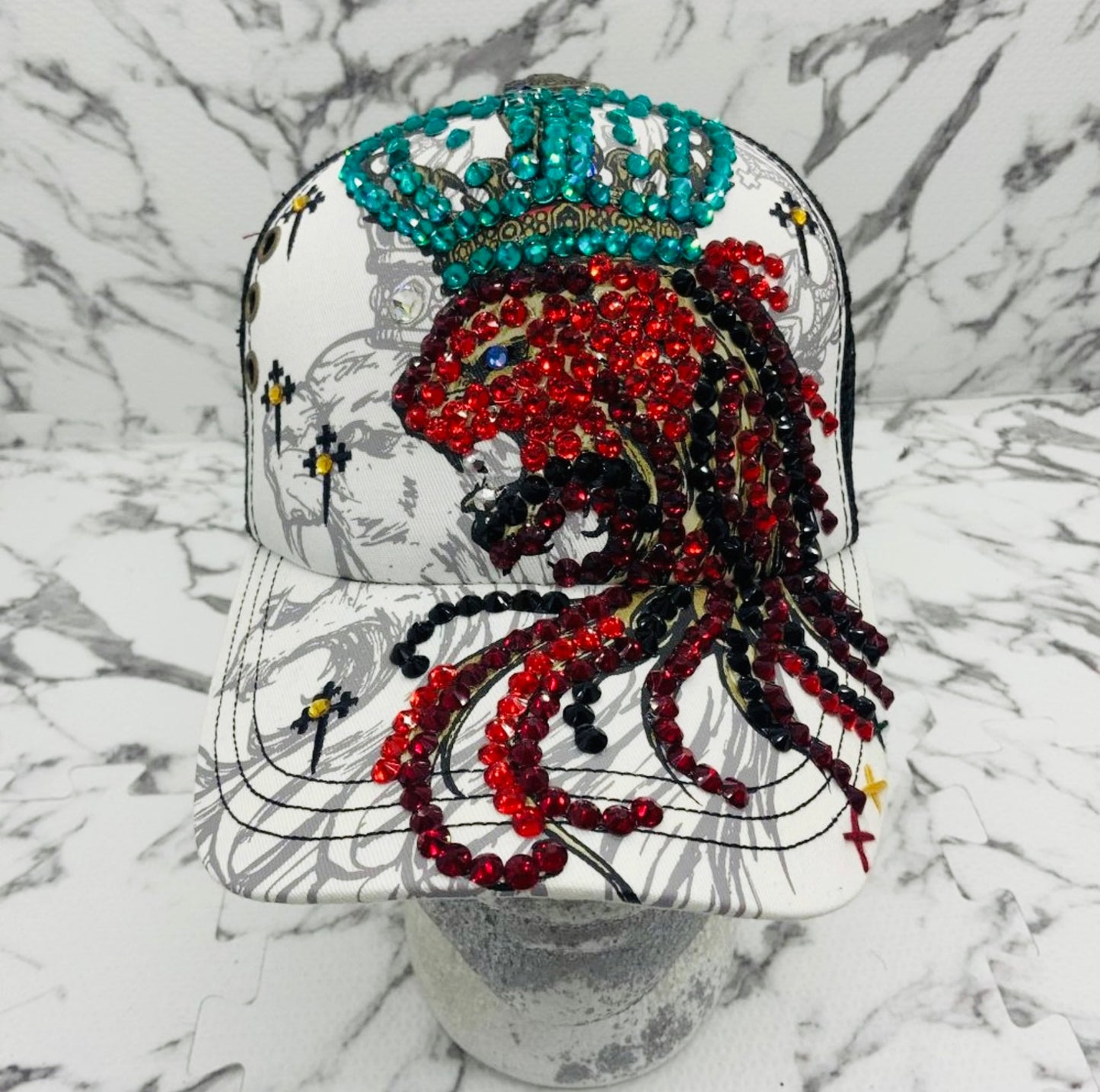 Rebel Spirit Lion King White | Black | Aqua | Red Rhinestone Trucker Hat NWT