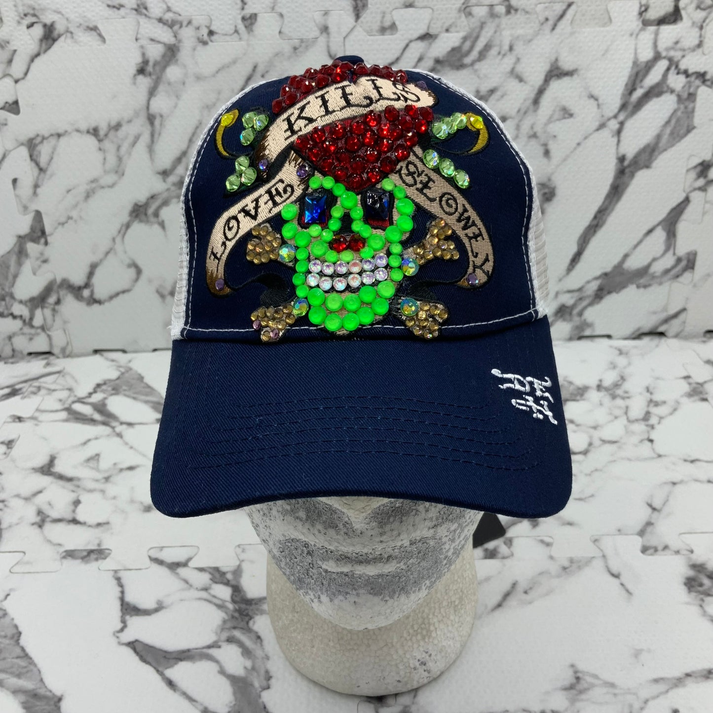 Ed Hardy Love Kills Slowly Navy | White | Lime Green Rhinestone Trucker Hat NWT