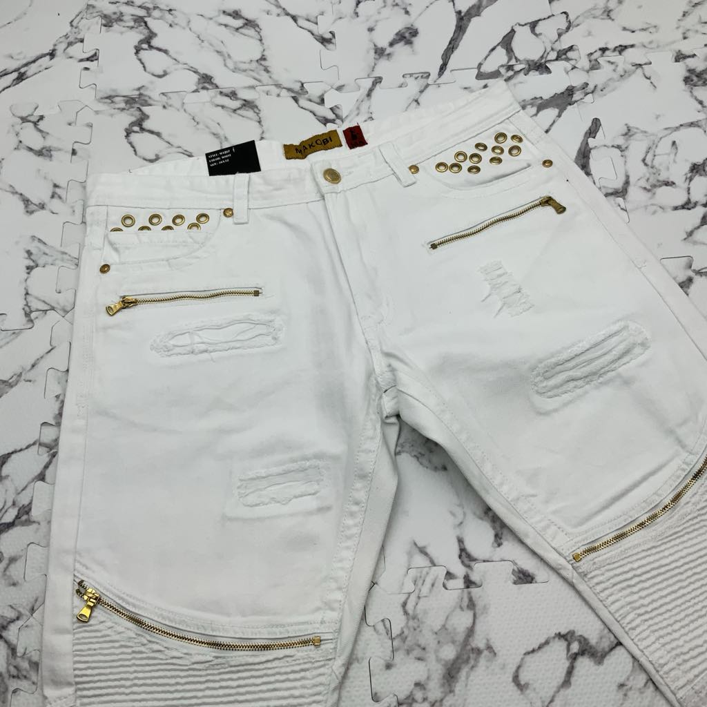 Men's Makobi White | Gold Studed Denim Shorts NWT