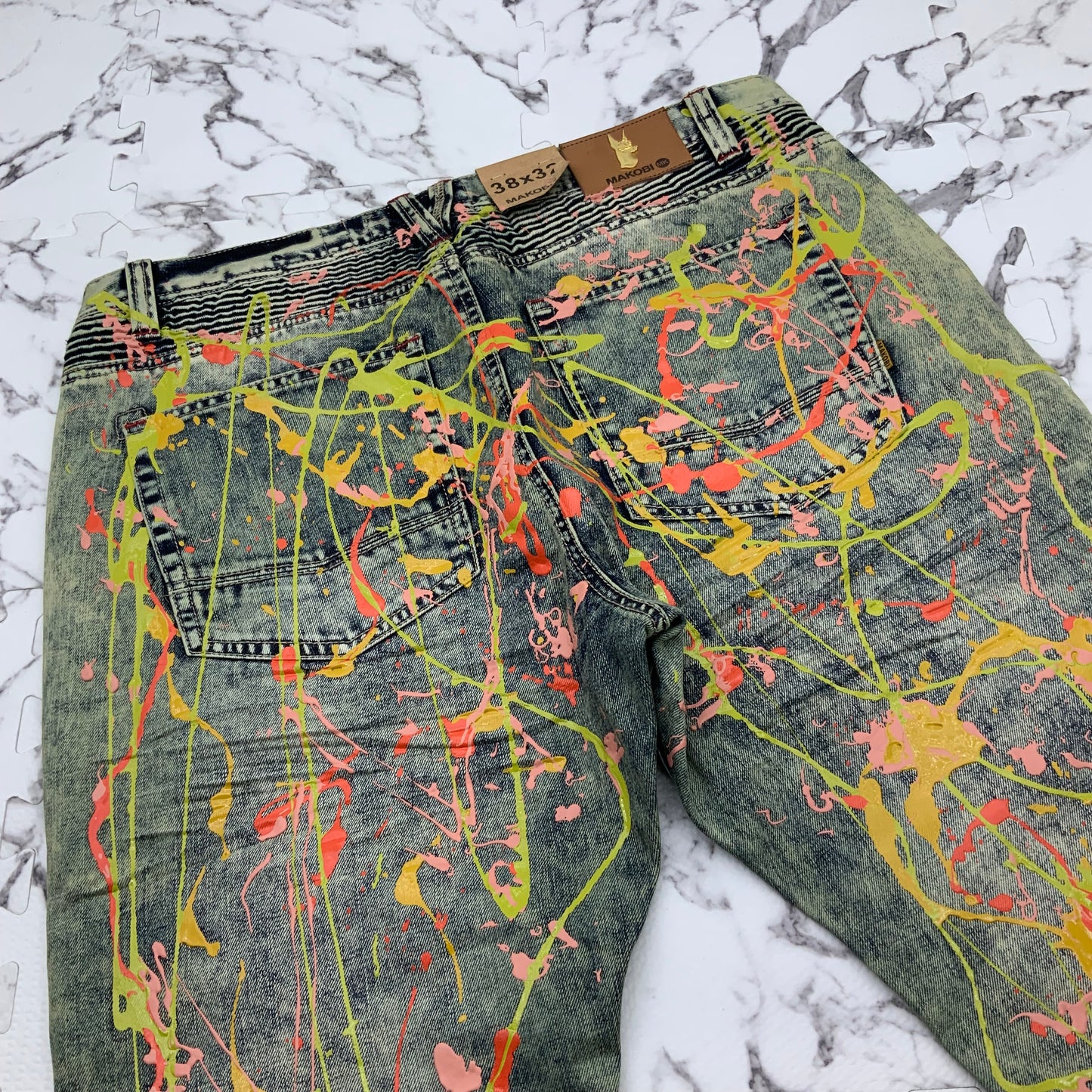 Men's Makobi Indigo | Vintage | Multicolor Hand-Painted Denim Shorts NWT