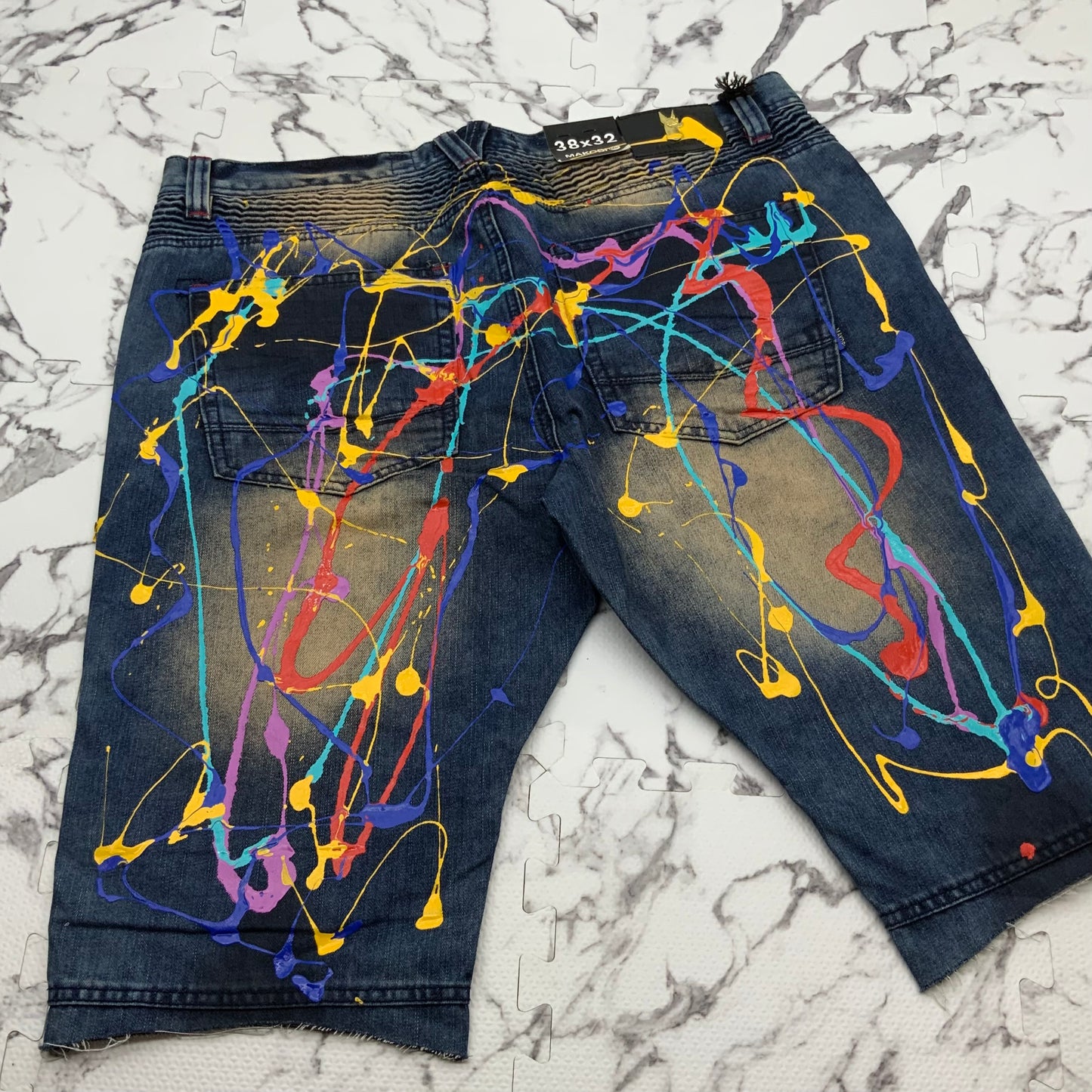 Men's MakobI Dk Blue Multicolor Hand Painted Denim Shorts NWT