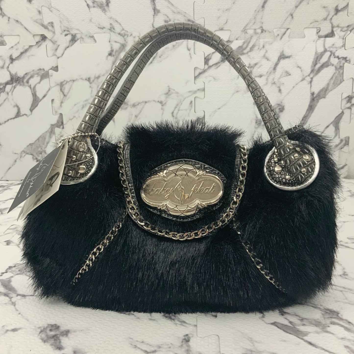 Women’s Baby Phat Black | Silver Faux Fur Handbag NWT