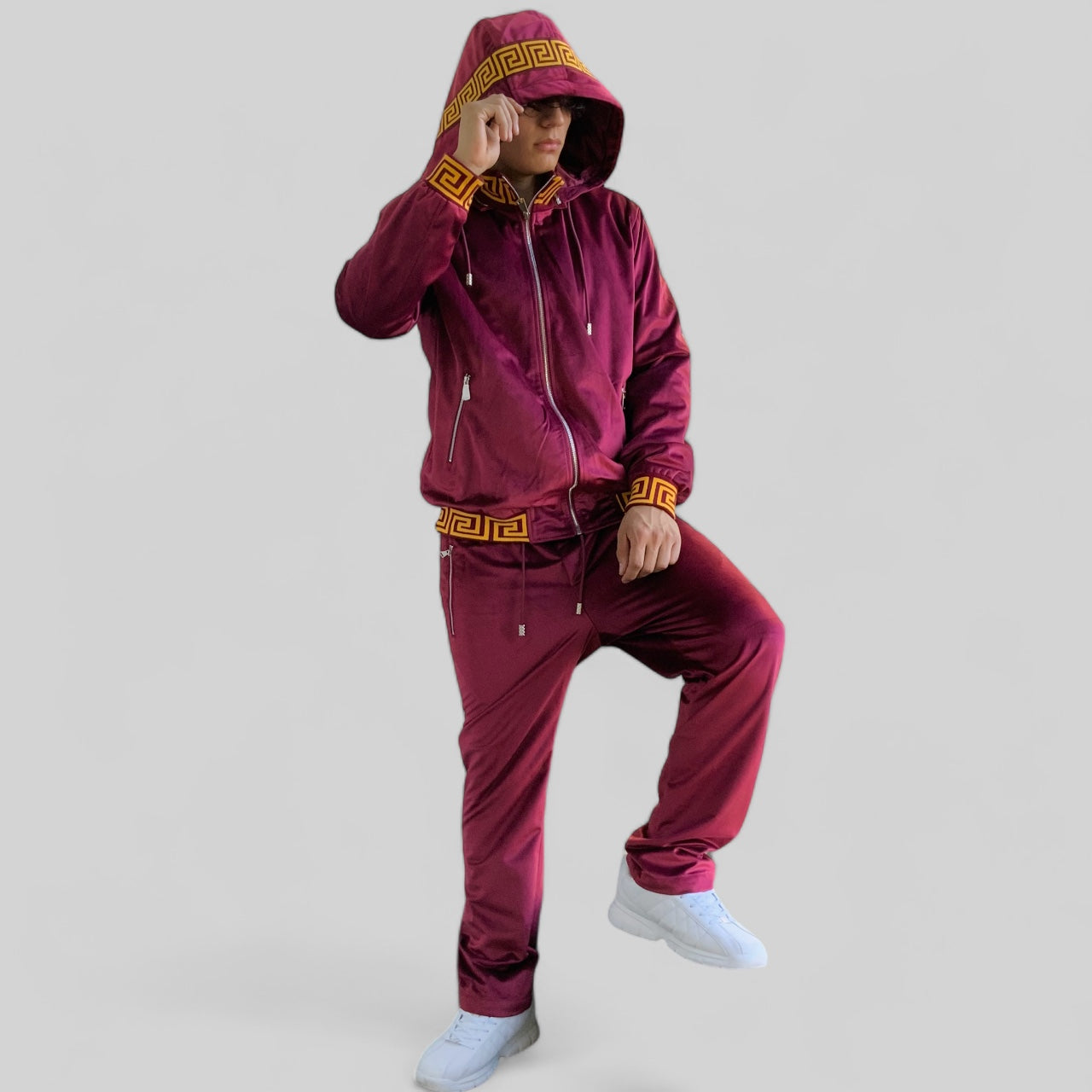 Men’s Manzini Burgundy | Gold Velvet Hooded Causal Tracksuits Outfits Sets NWT