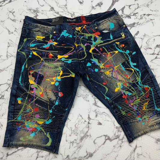 Men's Makobi Dk Blue | Multicolor Hand Painted Denim Shorts NWT