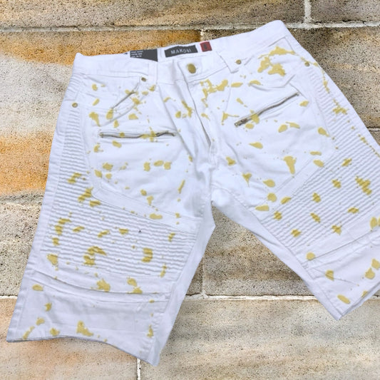 Men's Makobi White | Gold Hand-Painted Denim Shorts NWT