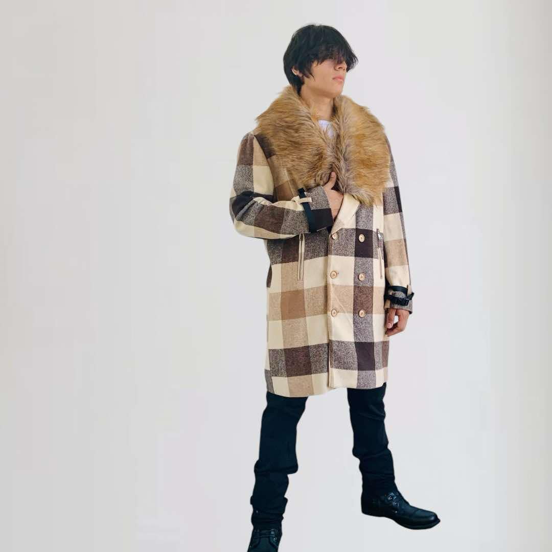 Men's Manzini Brown | Tan Plaid Faux Fur Overcoat NWT