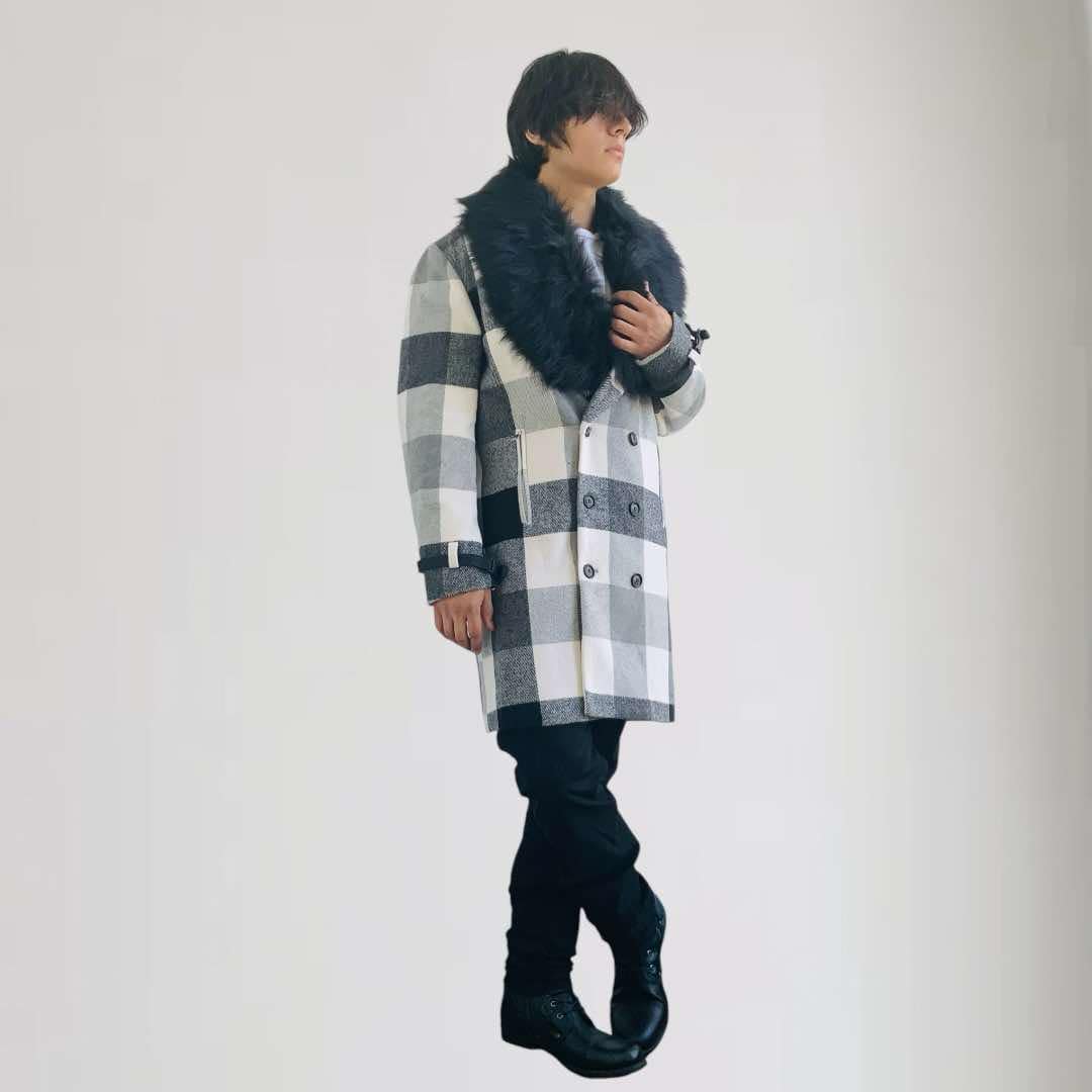 Men's Manzini Black | White Plaid Faux Fur Overcoat NWT