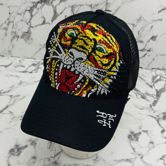 Ed Hardy Tiger Black | Yellow | Red Rhinestone Trucker Hat NWT