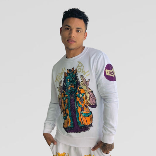 Men's Tolga Kisa POW POW White Rhinestone Crewneck Shirts