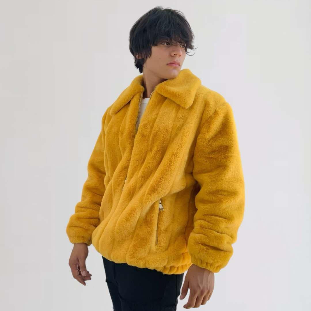 Men's Fashion Mustard Faux Fur Fuzzy Coat NWT