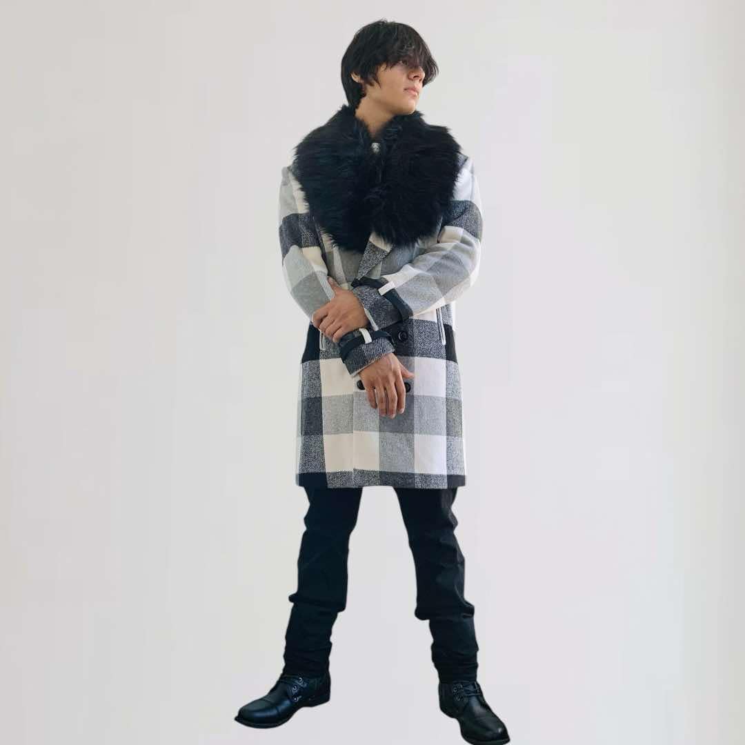 Men's Manzini Black | White Plaid Faux Fur Overcoat NWT