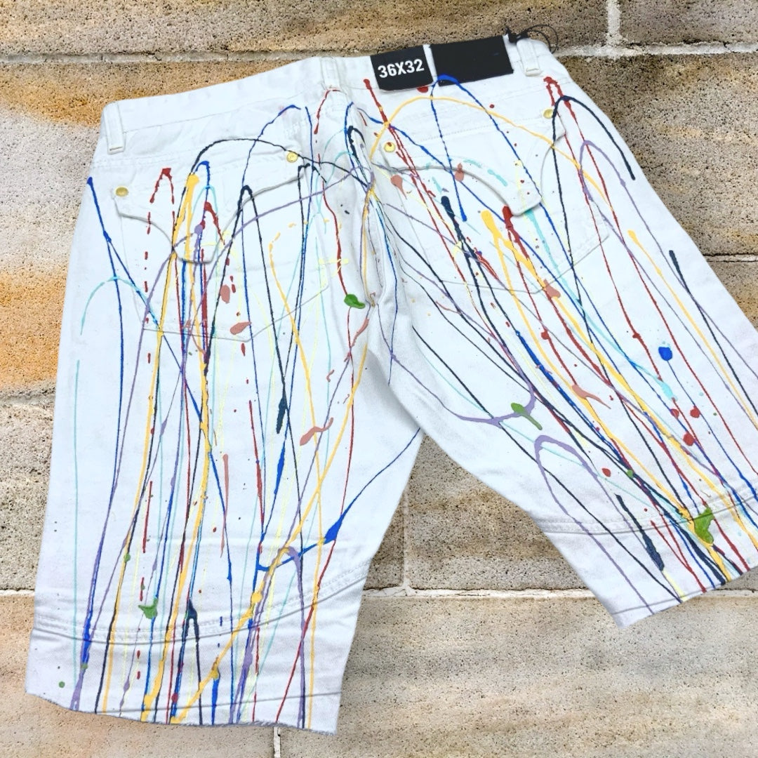 Men's Makobi White | Multicolor Hand-Painted Denim Shorts NWT