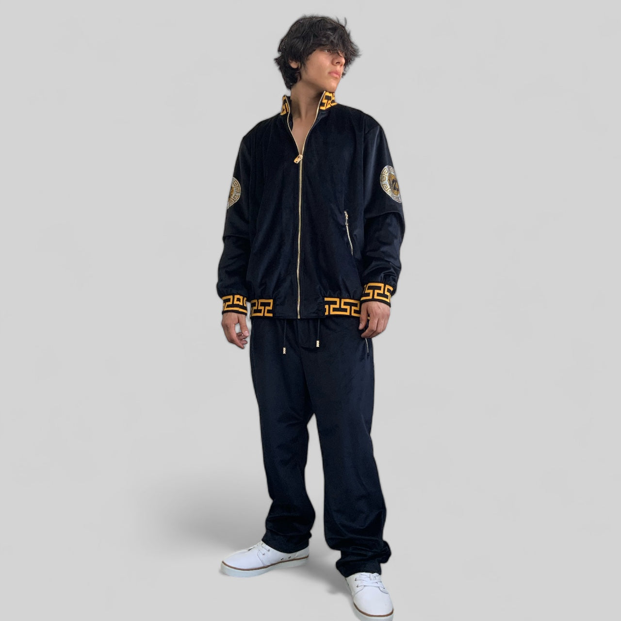 Men’s Manzini Black | Gold Velvet Rhinestone Casual Tracksuit Outfits Sets NWT