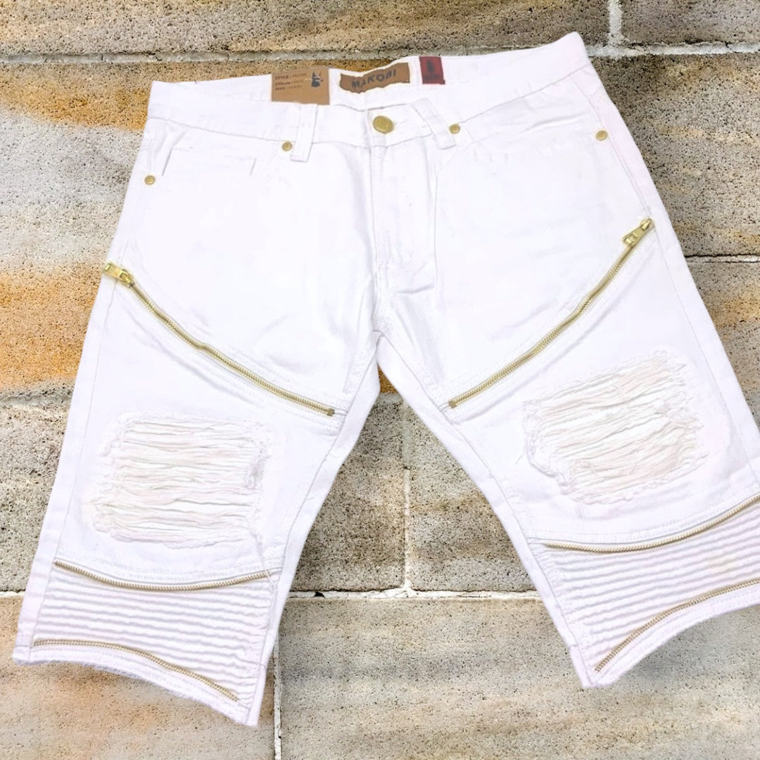 Men's Makobi White Ripped Zip Denim Shorts NWT