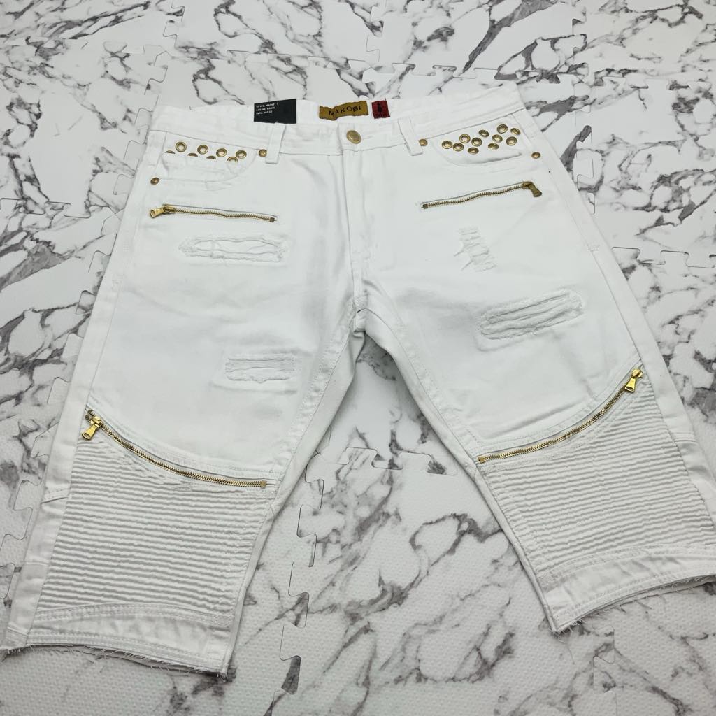 Men's Makobi White | Gold Studed Denim Shorts NWT