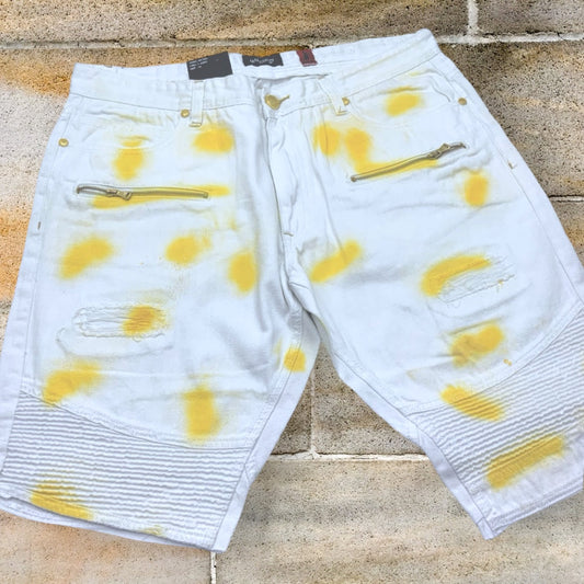 Men's Makobi White | Yellow Hand-Painted Denim Shorts NWT