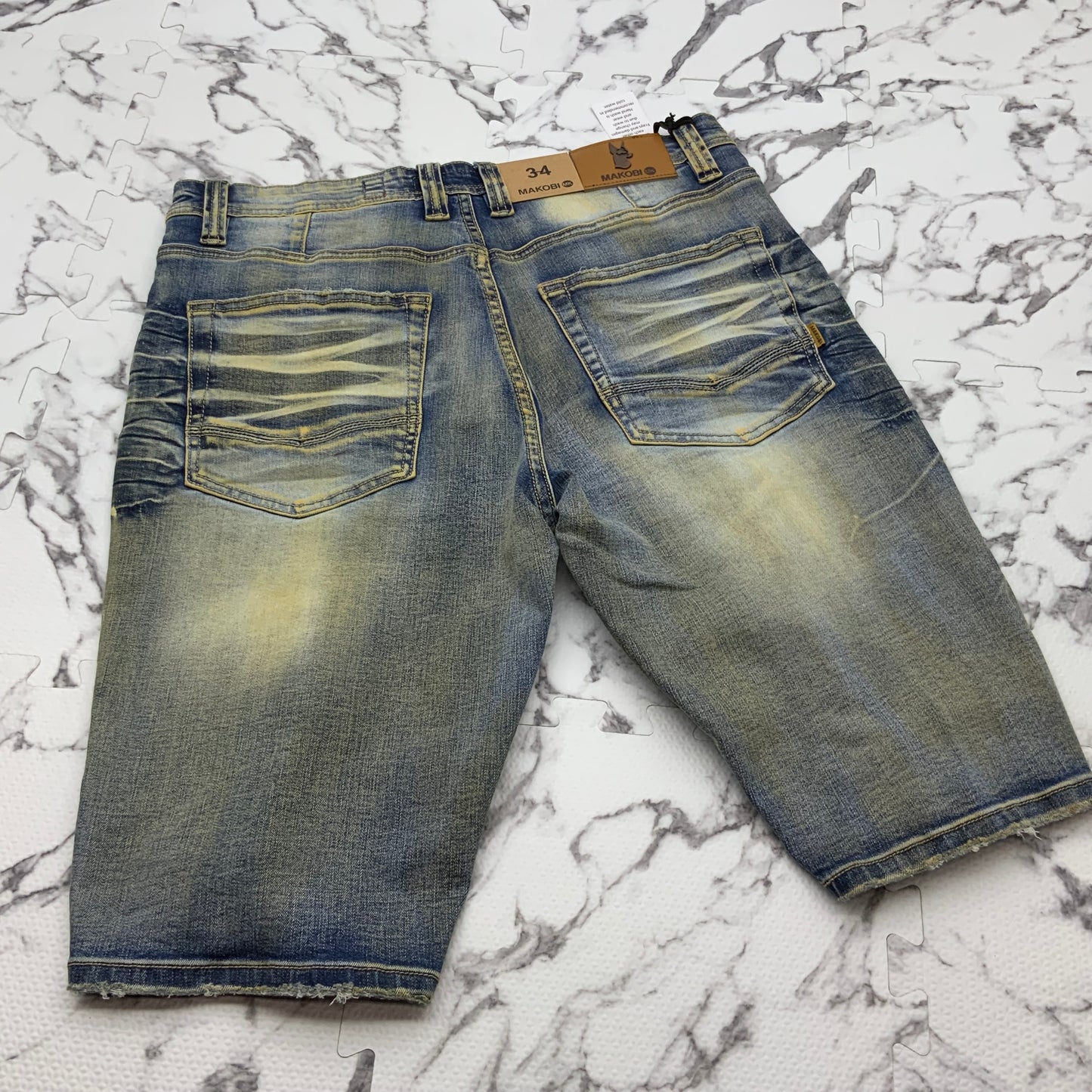 Men's Makobi Blue | Yellow Vintage Ripped Casual Denim Shorts NWT