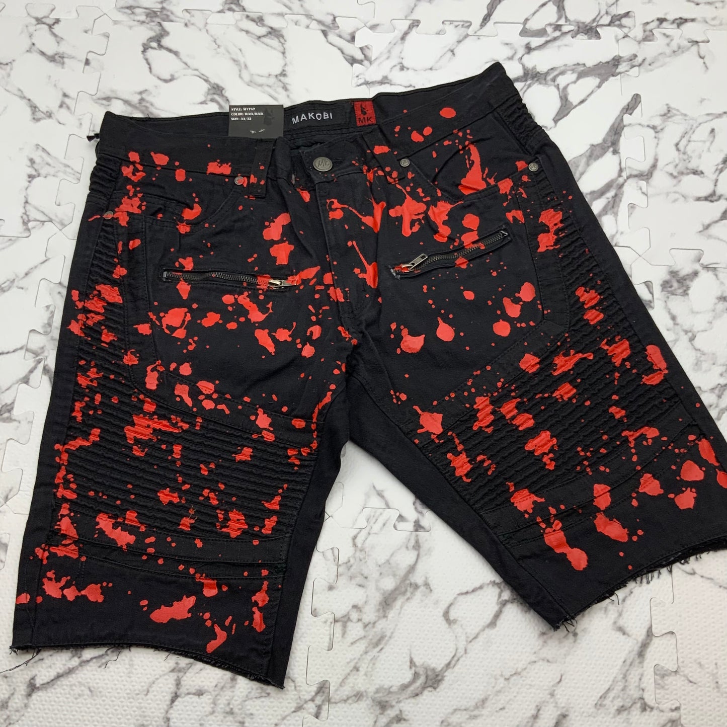 Men's Makobi Black | Red Hand Painted Denim Shorts NWT