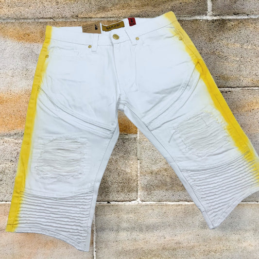 Men's Makobi White | Yellow Hand-Painted Denim Shorts NWT