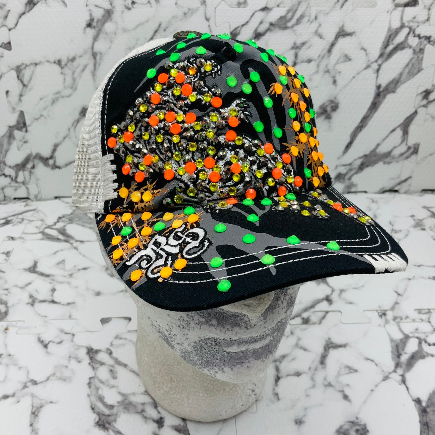 Rebel Spirit Lion King Black | White | Lime Green | Orange Rhinestone Trucker Hat NWT