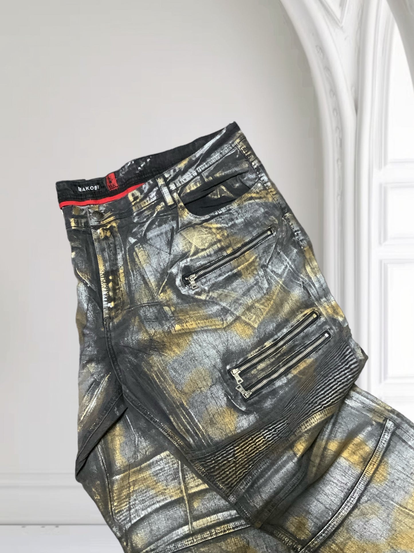 Men's Makobi Big & Tall Silver | Gold Foil Denim Pants NWT