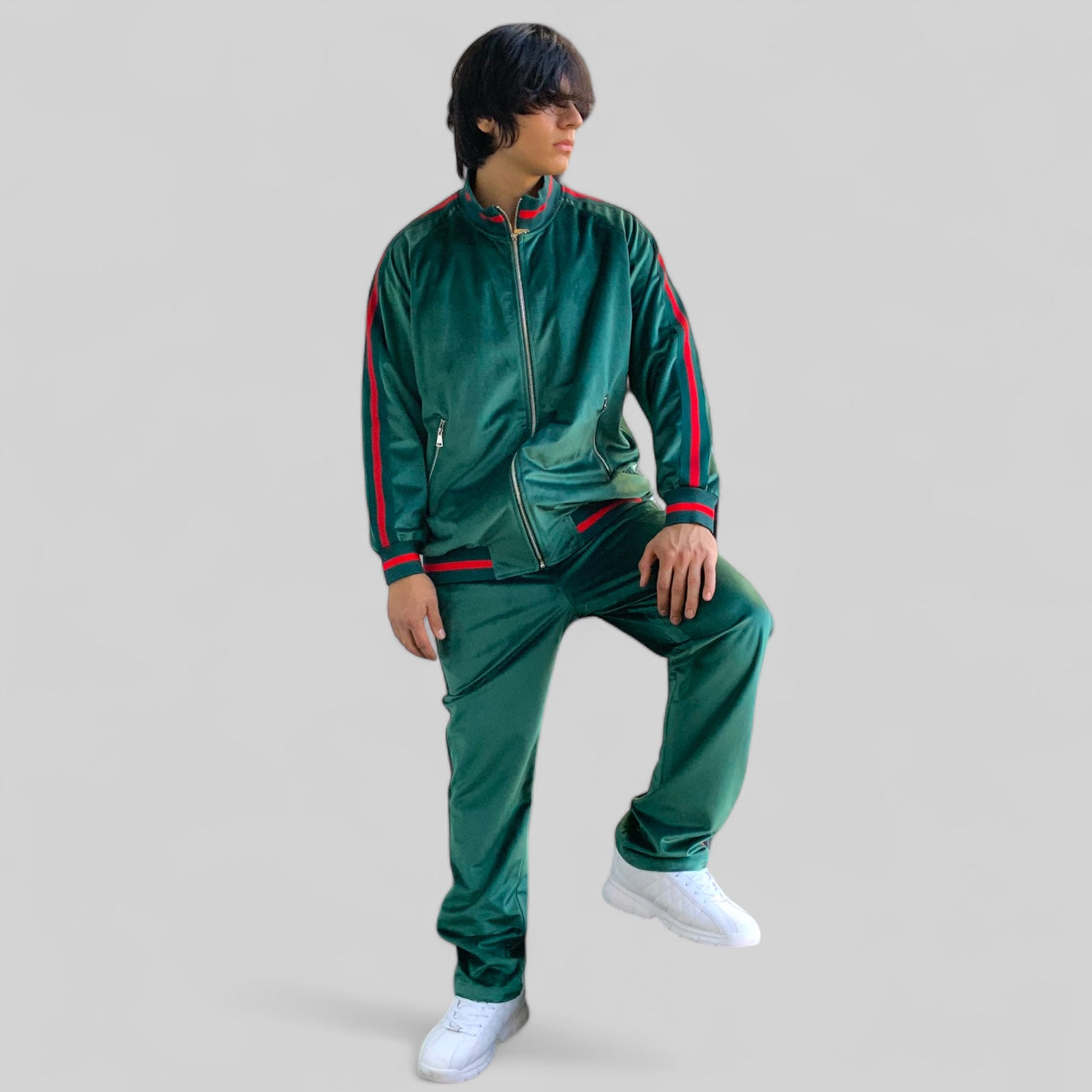 Men's Manzini Green | Red Velvet Casual Tracksuits Outfits Sets NWT