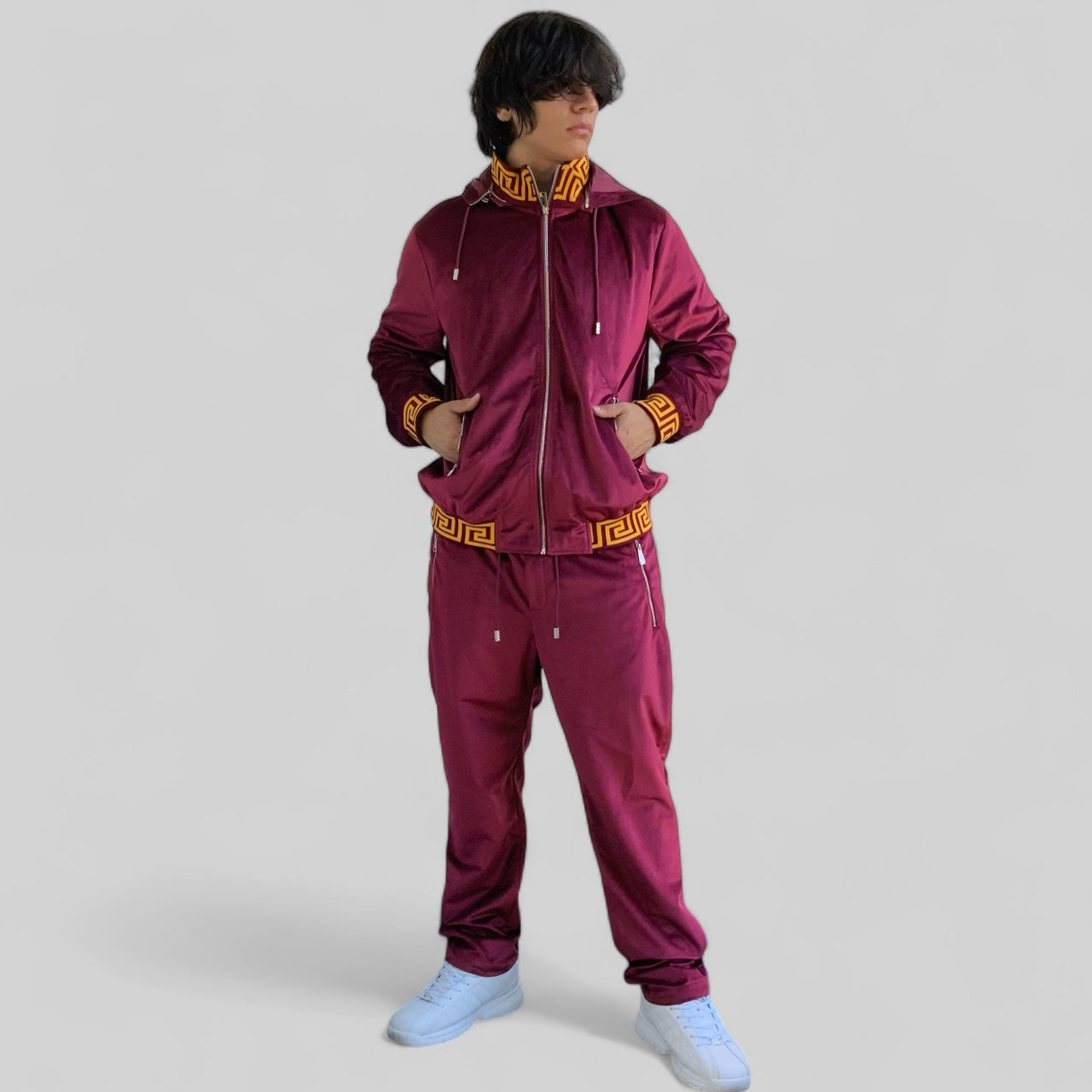 Men’s Manzini Burgundy | Gold Velvet Hooded Causal Tracksuits Outfits Sets NWT