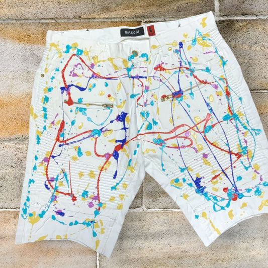 Men's Makobi White | Multicolor Hand-Painted Denim Shorts NWT