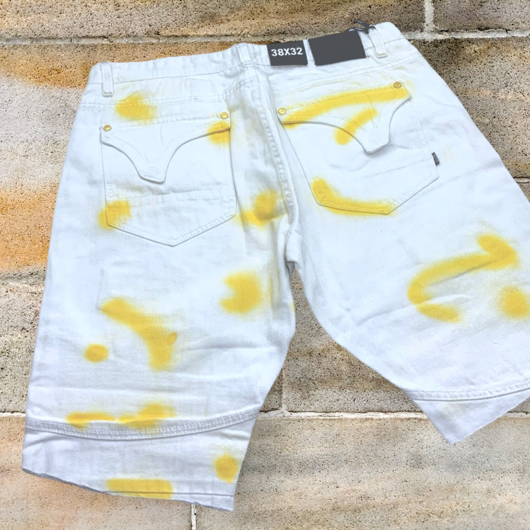 Men's Makobi White | Yellow Hand-Painted Denim Shorts NWT