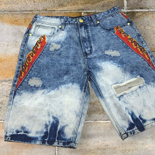 Men's Makobi Mid Blue | White Flame Denim Shorts NWT