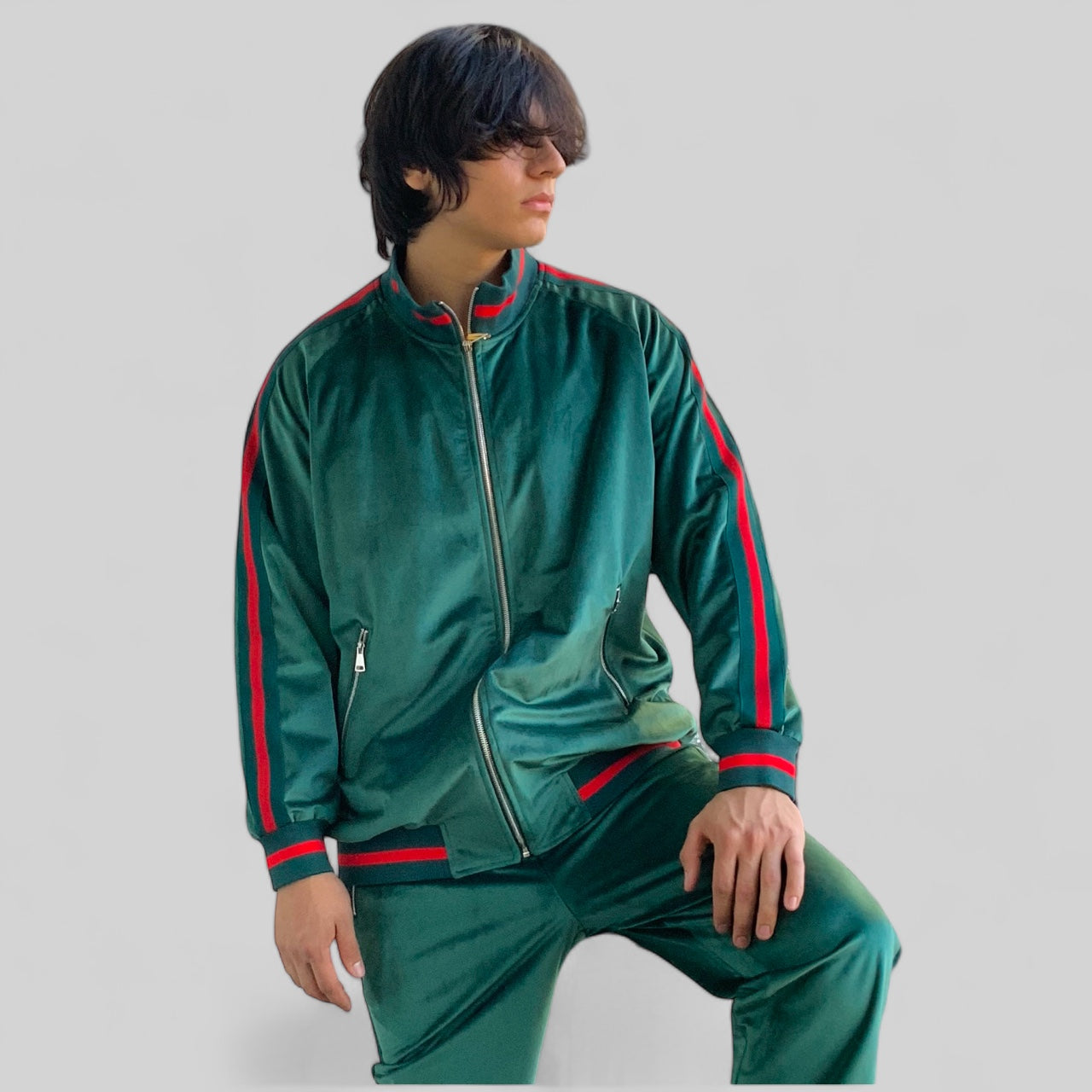 Men's Manzini Green | Red Velvet Casual Tracksuits Outfits Sets NWT