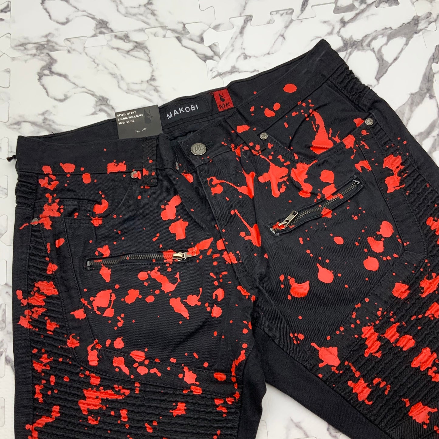 Men's Makobi Black | Red Hand Painted Denim Shorts NWT