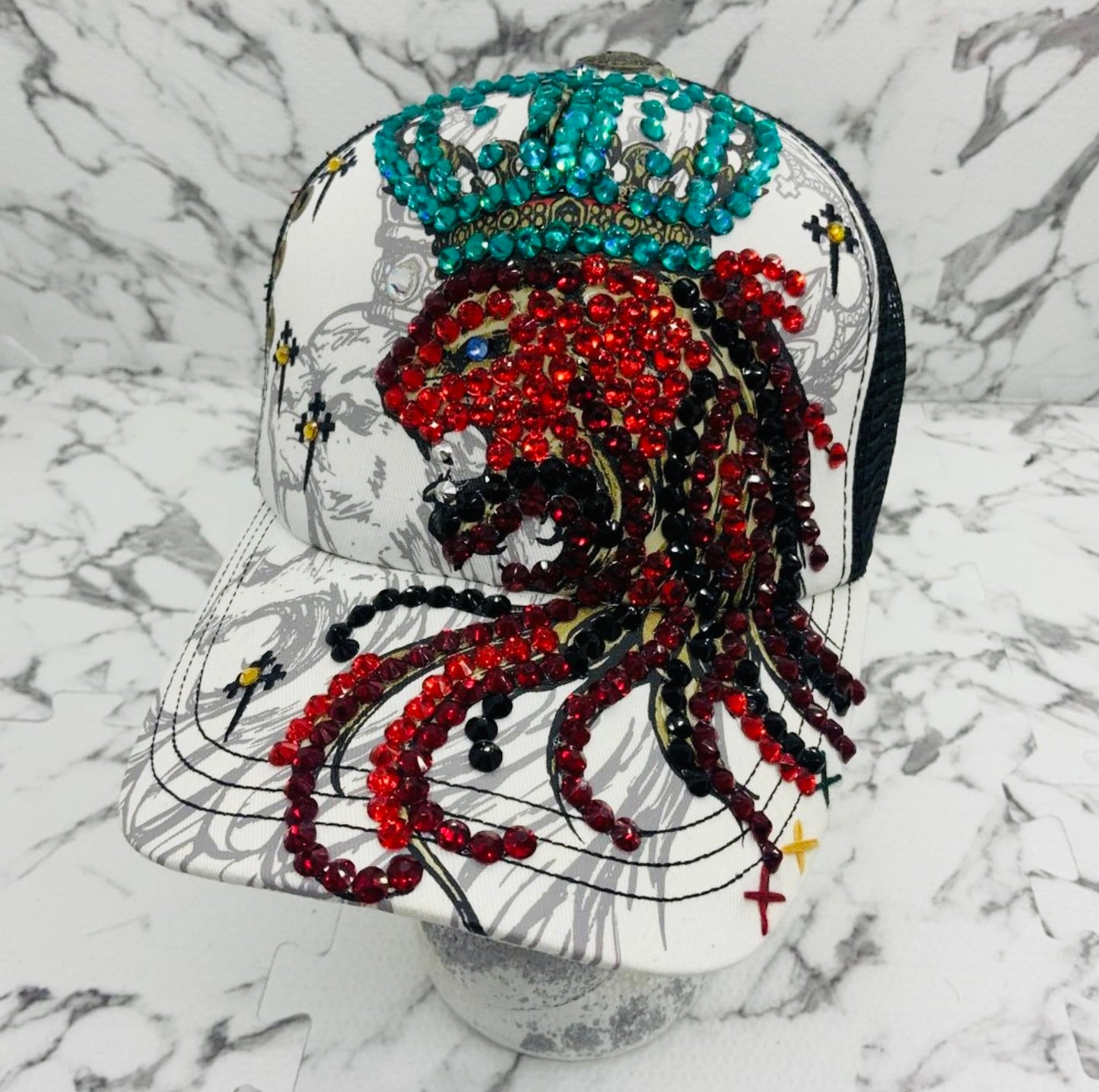 Rebel Spirit Lion King White | Black | Aqua | Red Rhinestone Trucker Hat NWT