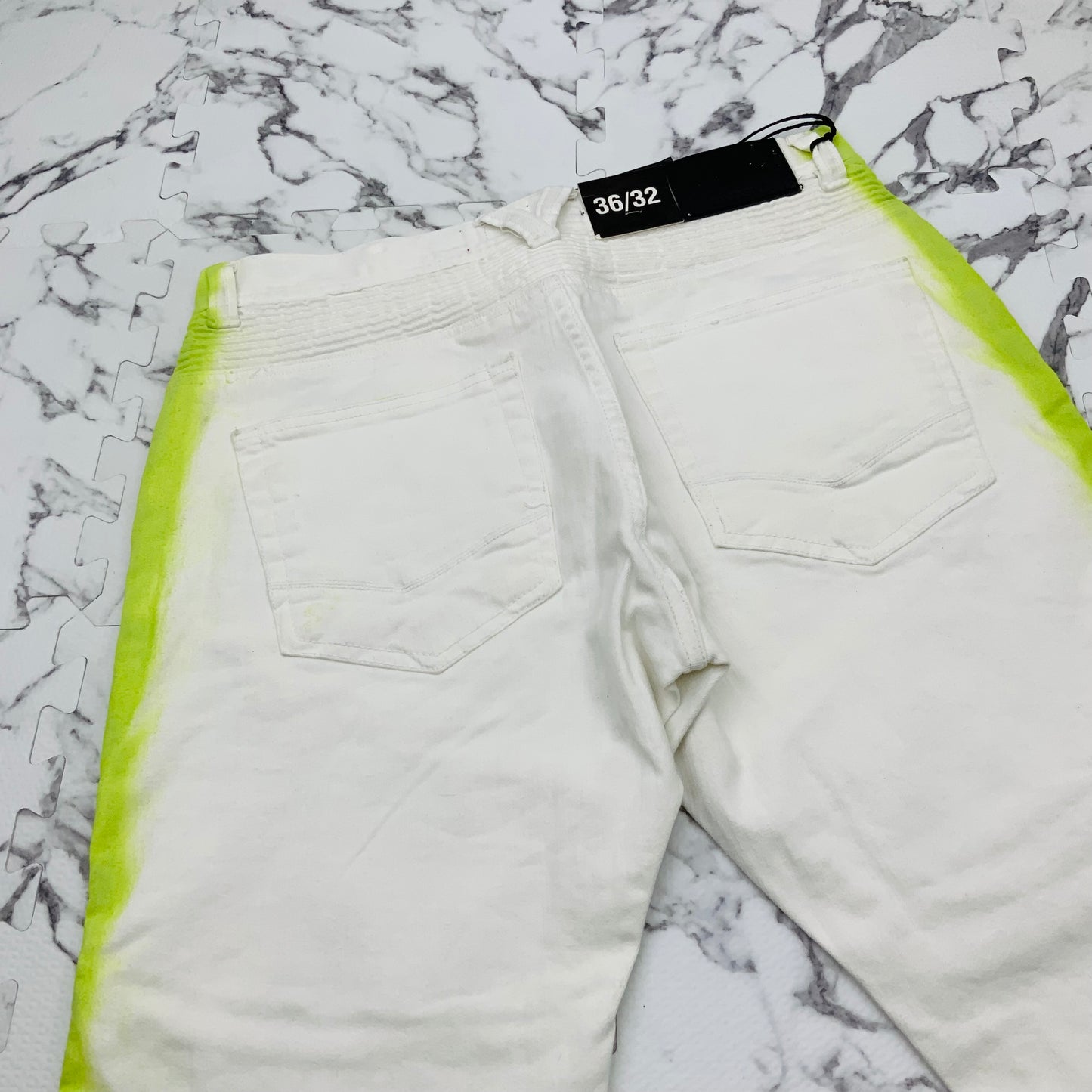 Men's Makobi White | Lime Green Denim Shorts NWT