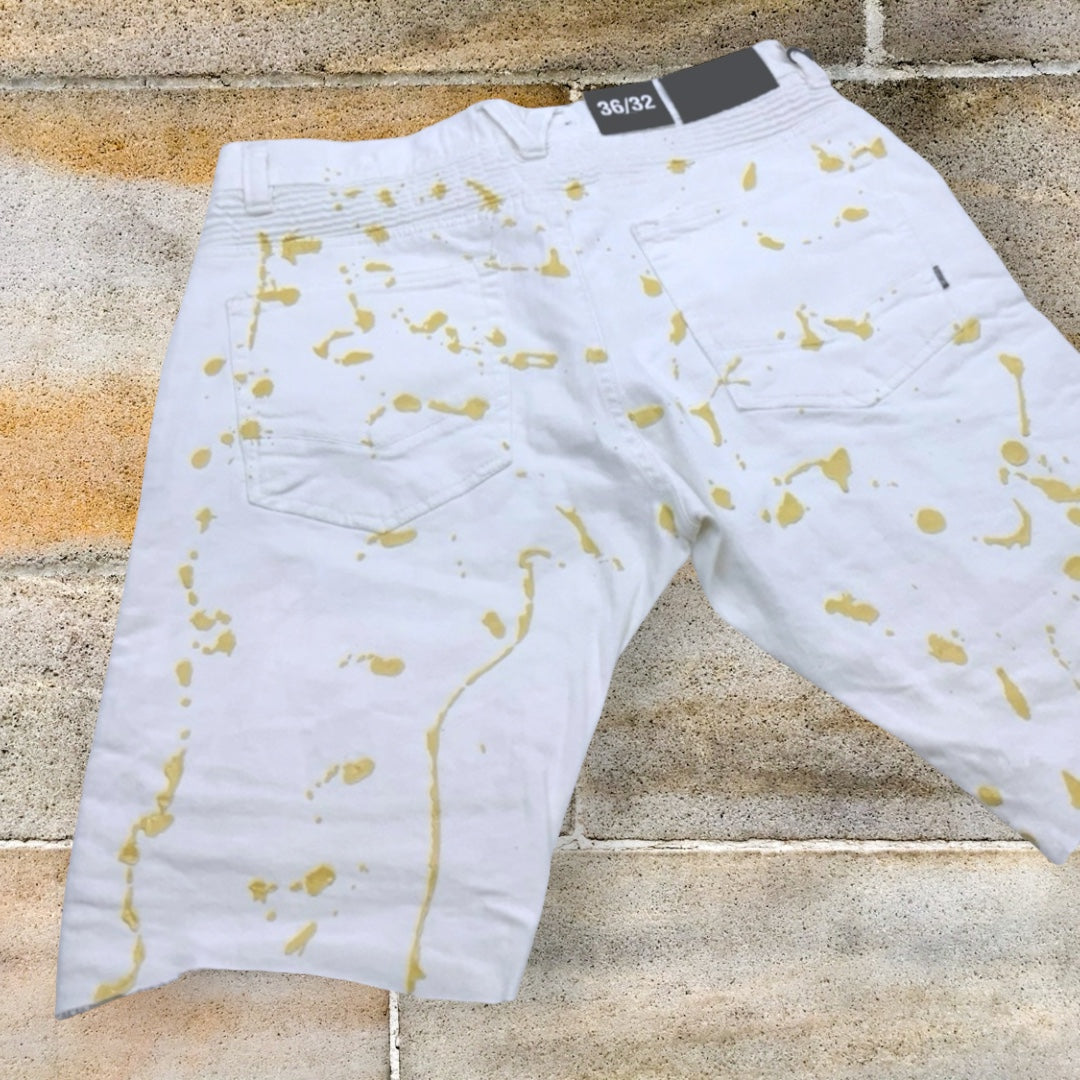 Men's Makobi White | Gold Hand-Painted Denim Shorts NWT