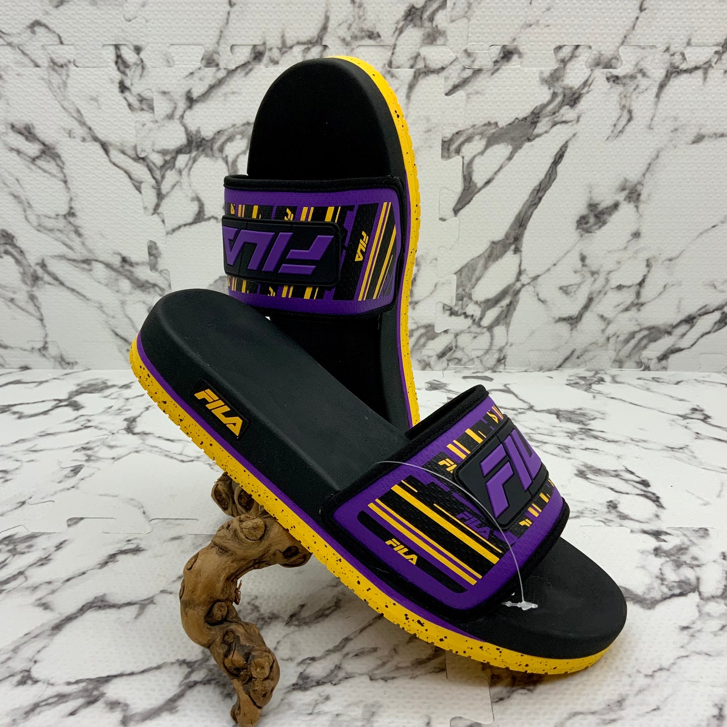 Men’s Fila Black | Purple | Yellow Lunar Slides NWT