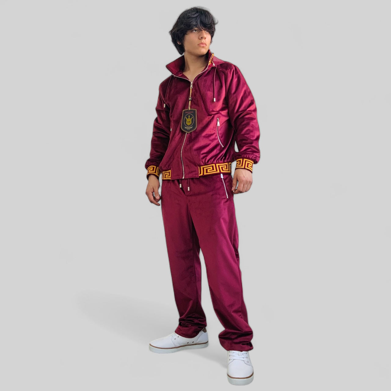 Men’s Manzini Burgundy | Gold Velvet Hooded Causal Tracksuits Outfits Sets NWT